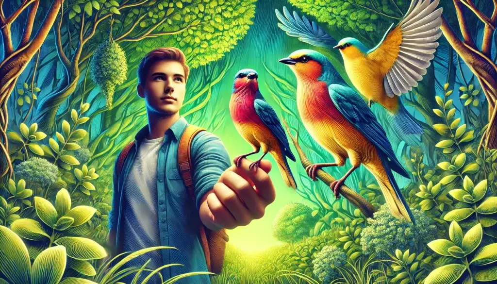 Young man, a smart investor,  holding a bird, or cash, in his hand, with two birds in a lush thicket in the background, symbolizing potential investment opportunities."