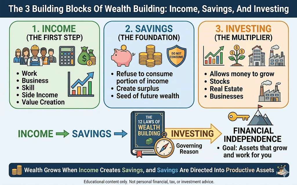 An infographic illustrating the three building blocks of wealth: Income (The First Step), Savings (The Foundation), and Investing (The Multiplier). It shows the flow from earning money to creating a surplus and finally investing in assets to achieve financial independence.