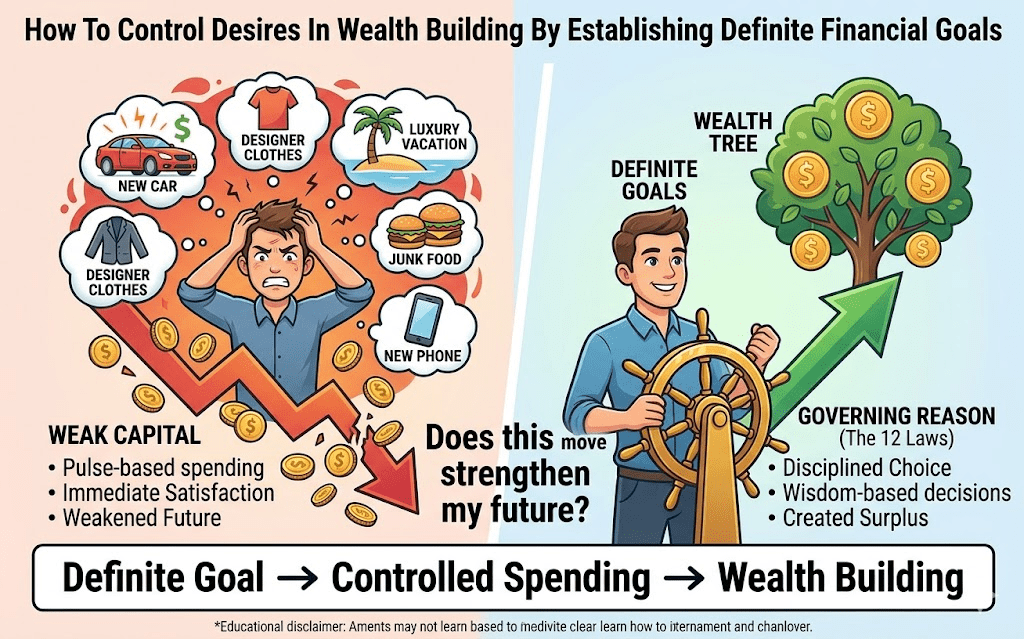 An infographic illustrating how definite financial goals act as a steering wheel to control desires, leading to disciplined spending and wealth building.