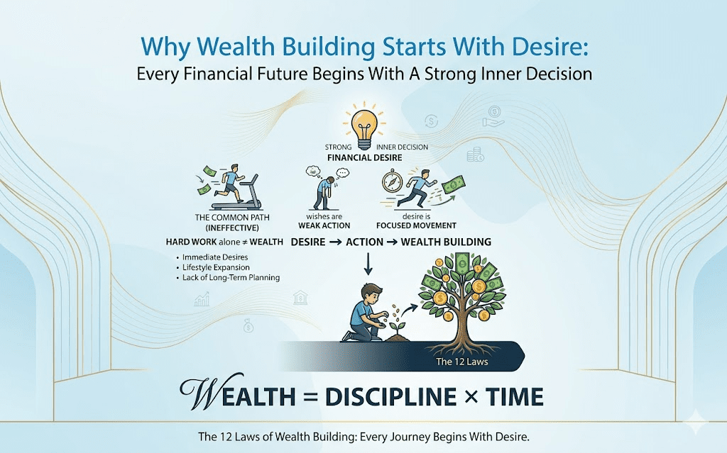 Infographic showing the path from financial desire to action and long-term wealth building.