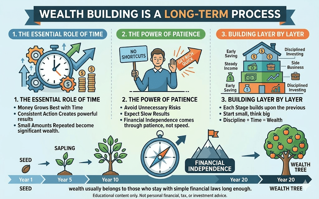 An infographic titled "Wealth Building is a Long-Term Process" showing the stages of growth from a seed to a wealth tree over 20 years. It highlights the essential role of time, the power of patience, and building wealth layer by layer through disciplined investing.
