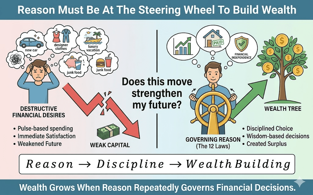 Infographic explaining how governing reason leads to wealth building, comparing destructive financial desires with disciplined choices and the 12 Laws.