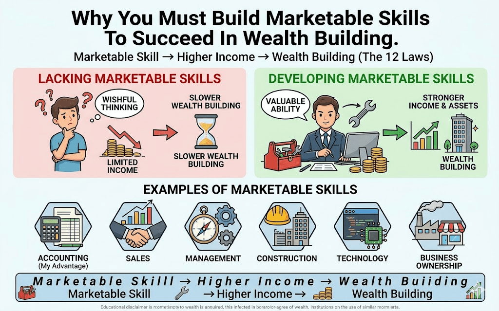 An infographic showing the path from marketable skills to higher income and wealth building. It contrasts the "Lacking Marketable Skills" path with the "Developing Marketable Skills" path and lists examples like accounting, sales, and technology.