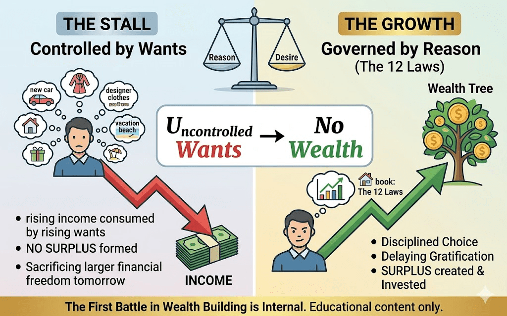 Infographic comparing 'The Stall' caused by uncontrolled wants versus 'The Growth' achieved through disciplined reason and the 12 Laws of Wealth Building.