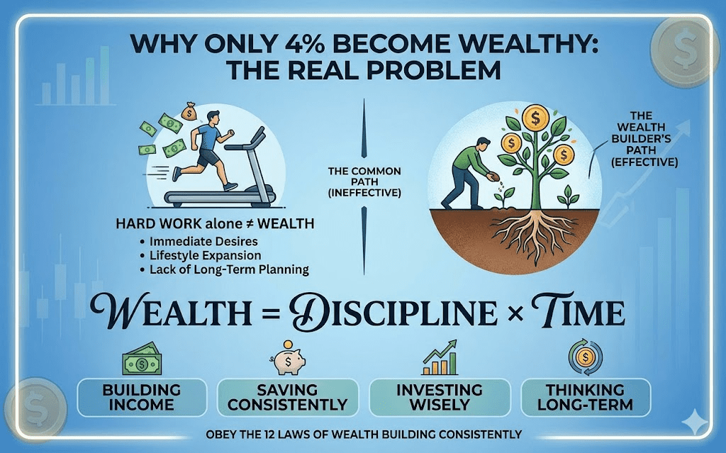 Infographic explaining why only 4% become wealthy and the formula Wealth = Discipline x Time.