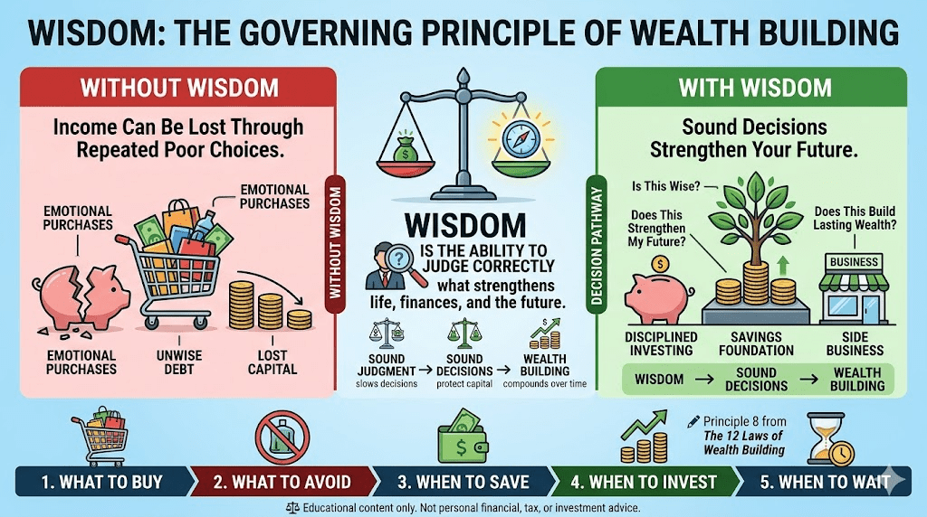 An infographic titled "Wisdom: The Governing Principle of Wealth Building." It compares "Without Wisdom" (showing emotional purchases and lost capital) vs "With Wisdom" (showing sound decisions and a growing wealth tree). It outlines a 5-step decision pathway: what to buy, what to avoid, when to save, when to invest, and when to wait.